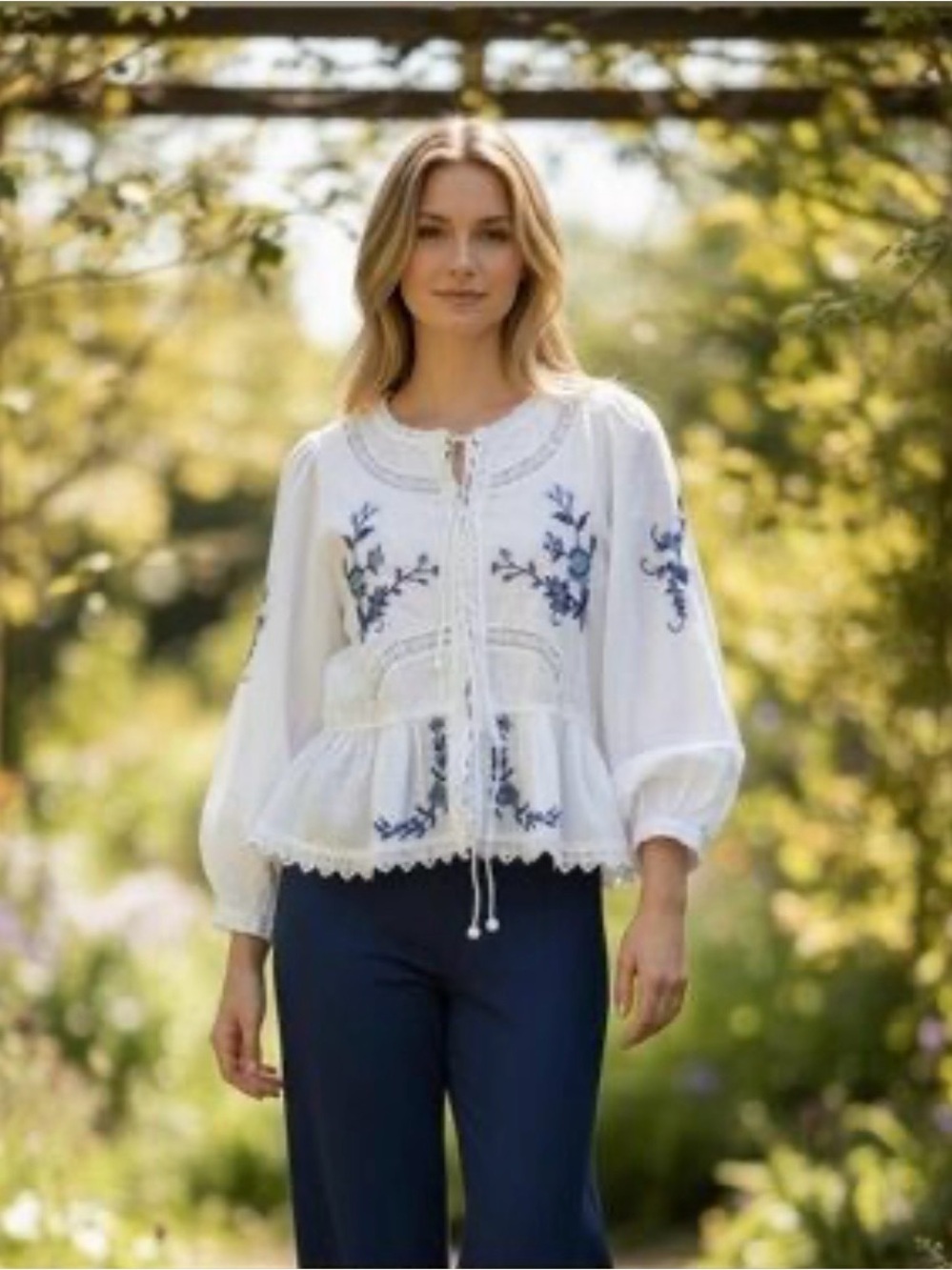 Jennifer & Grace Boho Peasant Top blue floral embroidery